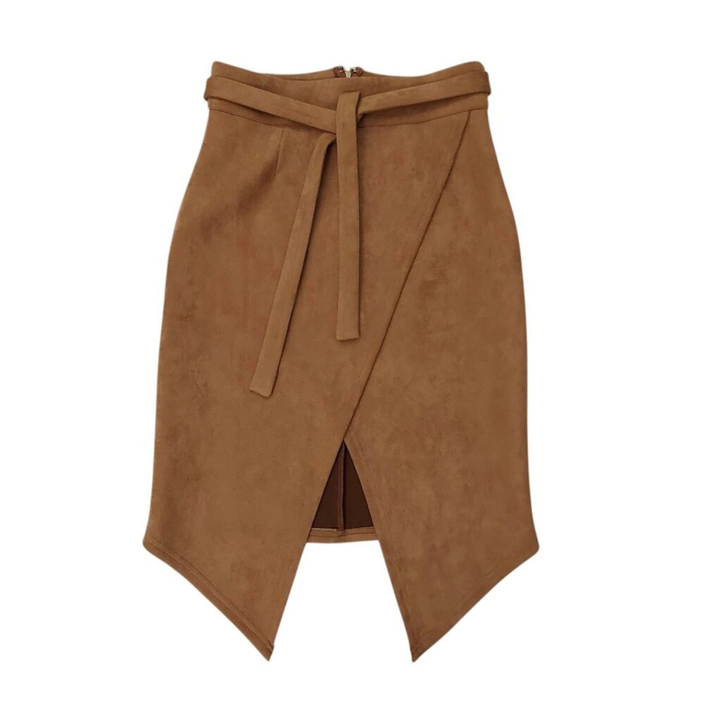 Nude Pencil Skirt Womens Large Brown Faux Suede Belt Knee Length Asymmetrical